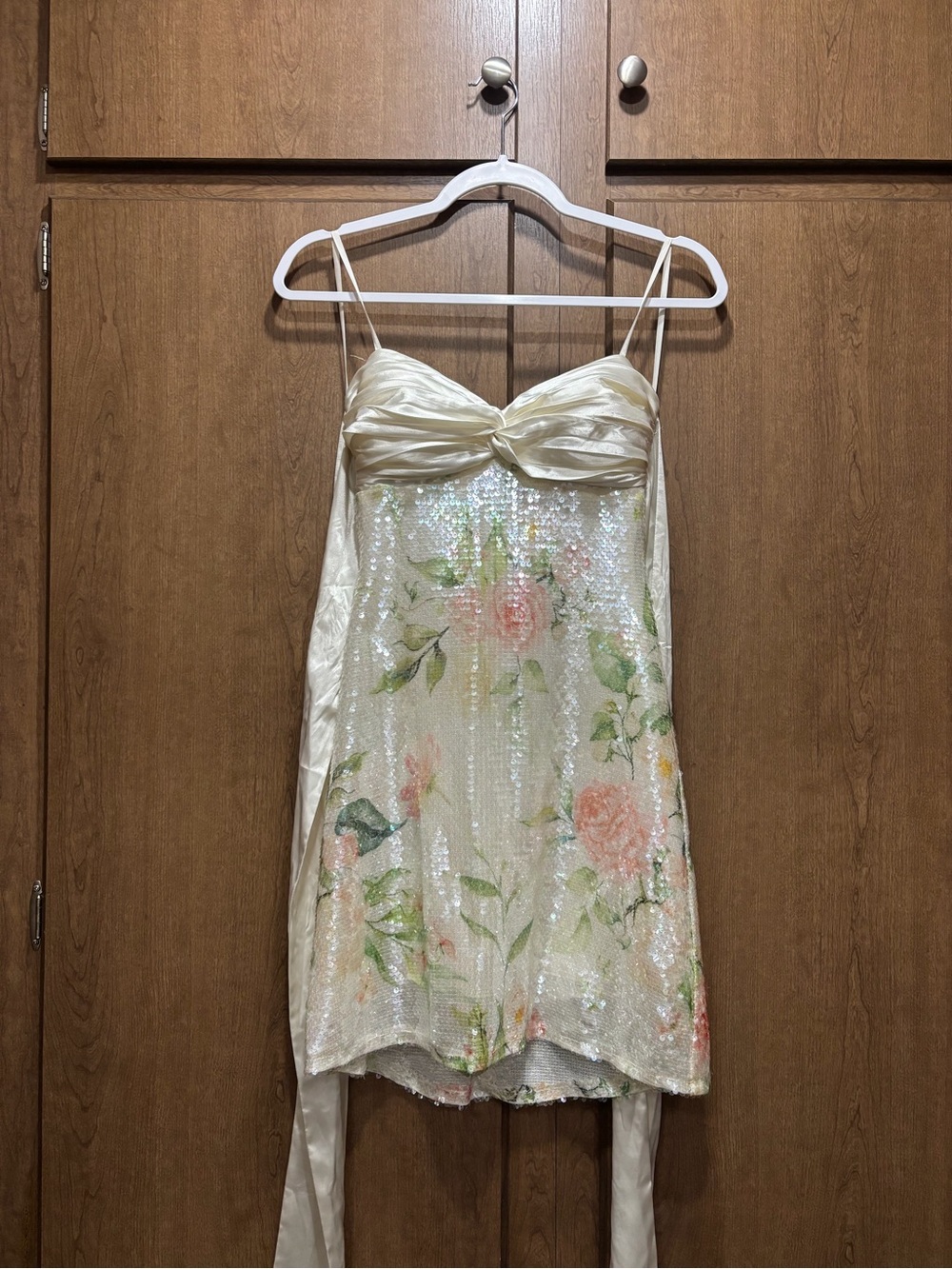 Ivory Sequin Floral Topless Slip Dress Ties in a bow in the back